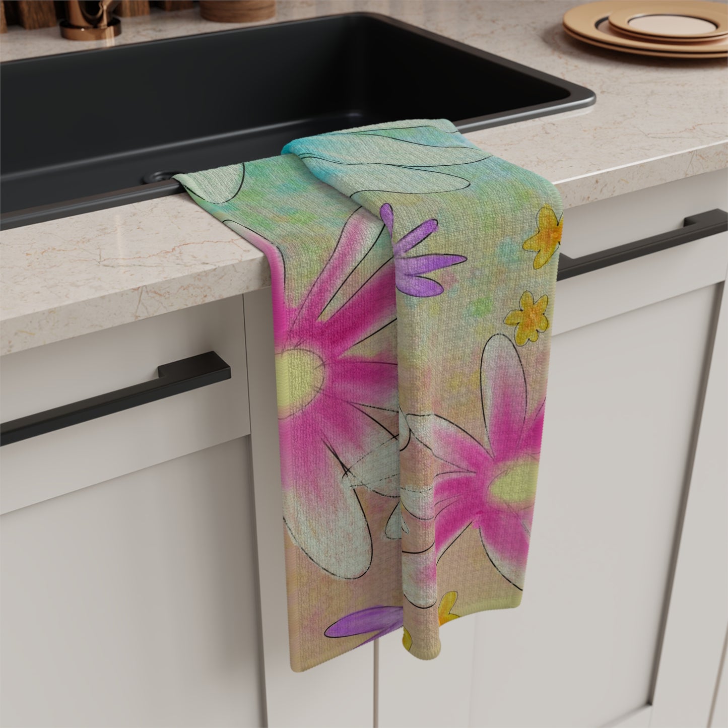 Floral Daisies Microfiber Tea Towel — Bright Pastel Kitchen Towel