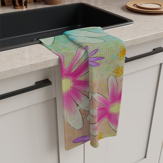 Floral Daisies Microfiber Tea Towel — Bright Pastel Kitchen Towel