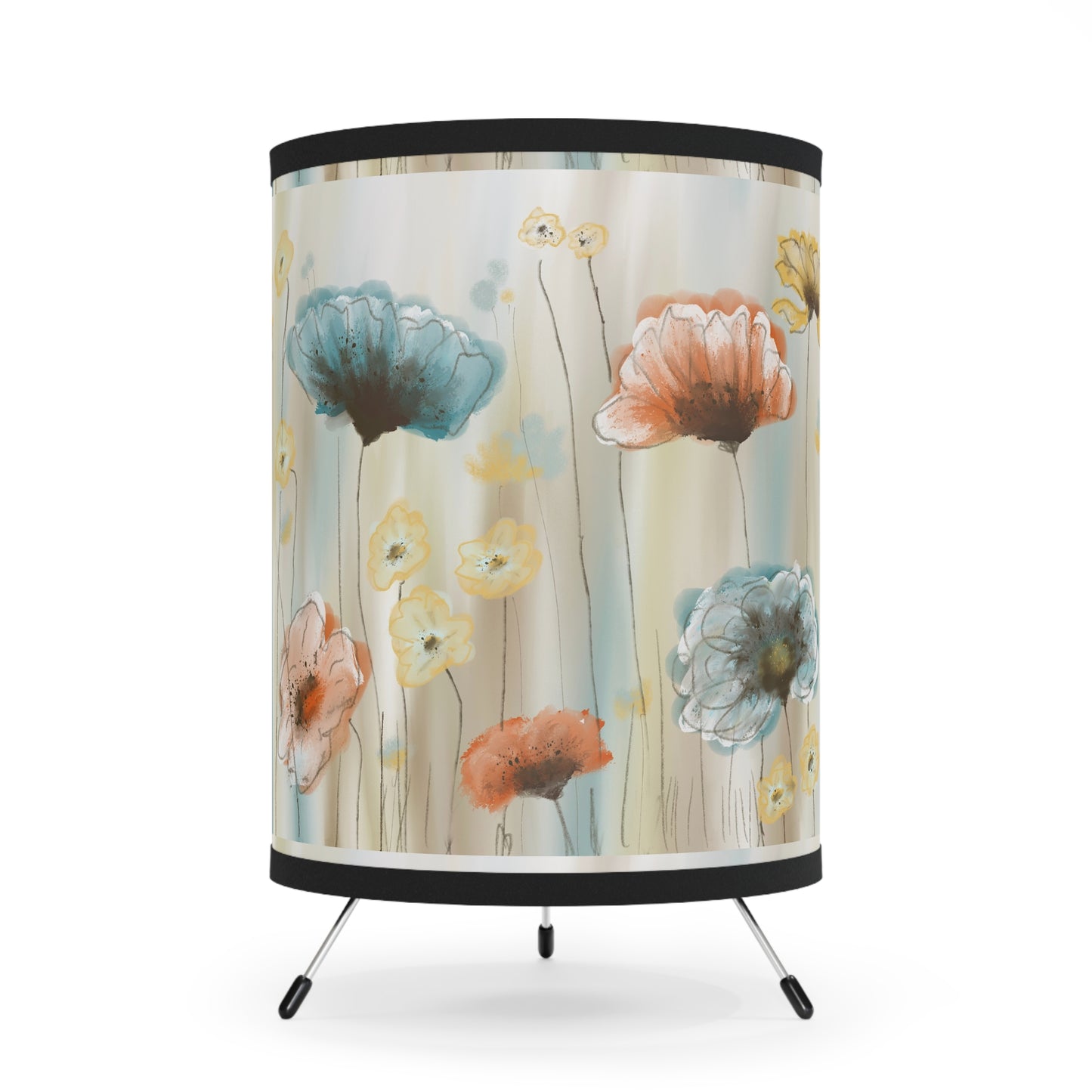 Poppy Meadow Tripod Lamp — Floral Printed Drum Shade, Mid-Century Accent Lighting