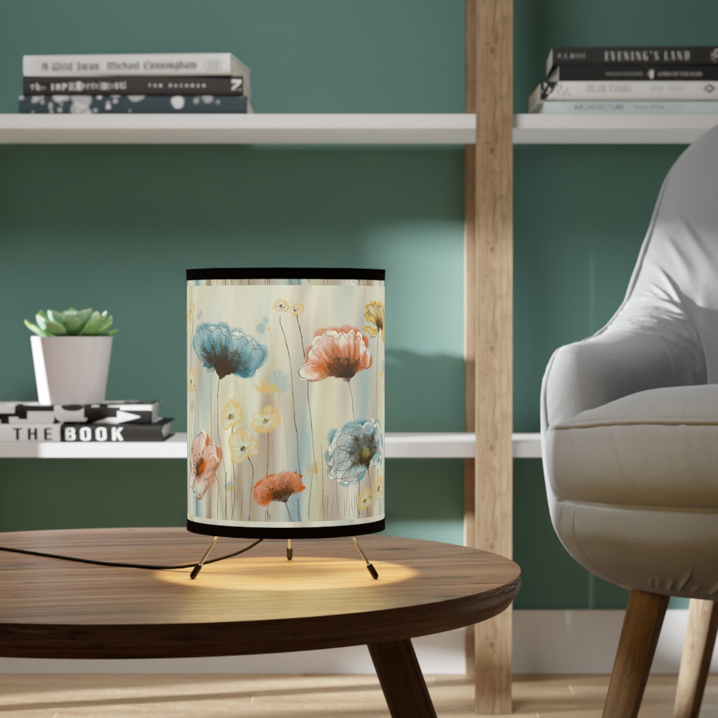 Poppy Meadow Tripod Lamp — Floral Printed Drum Shade, Mid-Century Accent Lighting